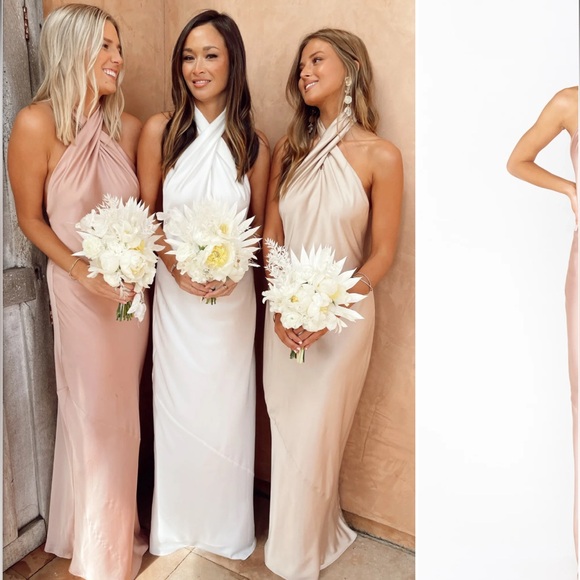 Show Me Your MuMu Jasmine Halter Maxi Dress Rose Gold Luxe Satin Small 💒 💍 - Picture 2 of 9